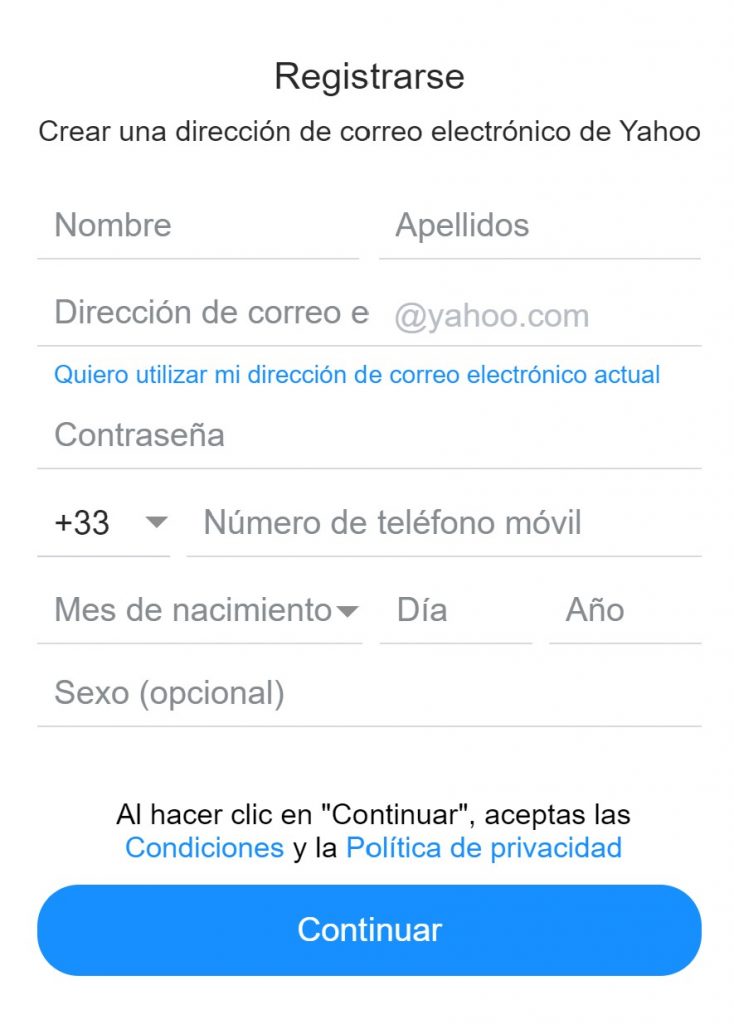 Paquete o empaquetar Fantástico trapo Crear una dirección de correo electrónico yahoo.es o yahoo.com