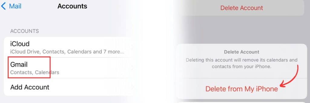 how to remove gmail account from mail in iphone