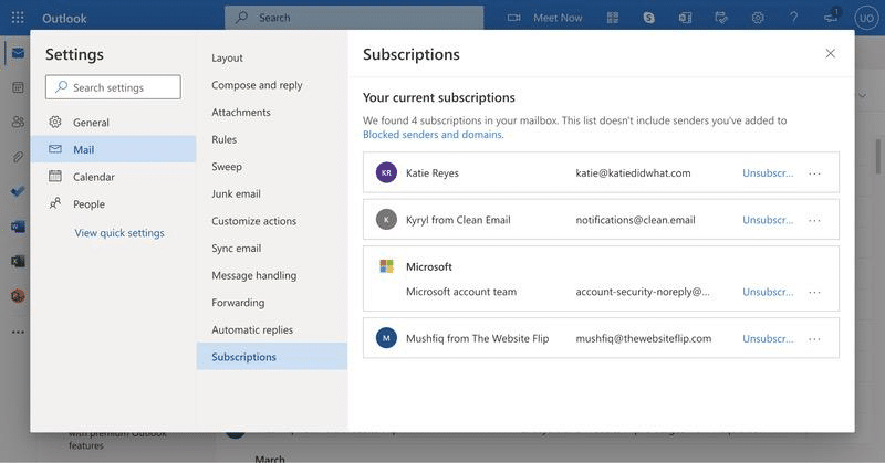 subscriptions in Outlook