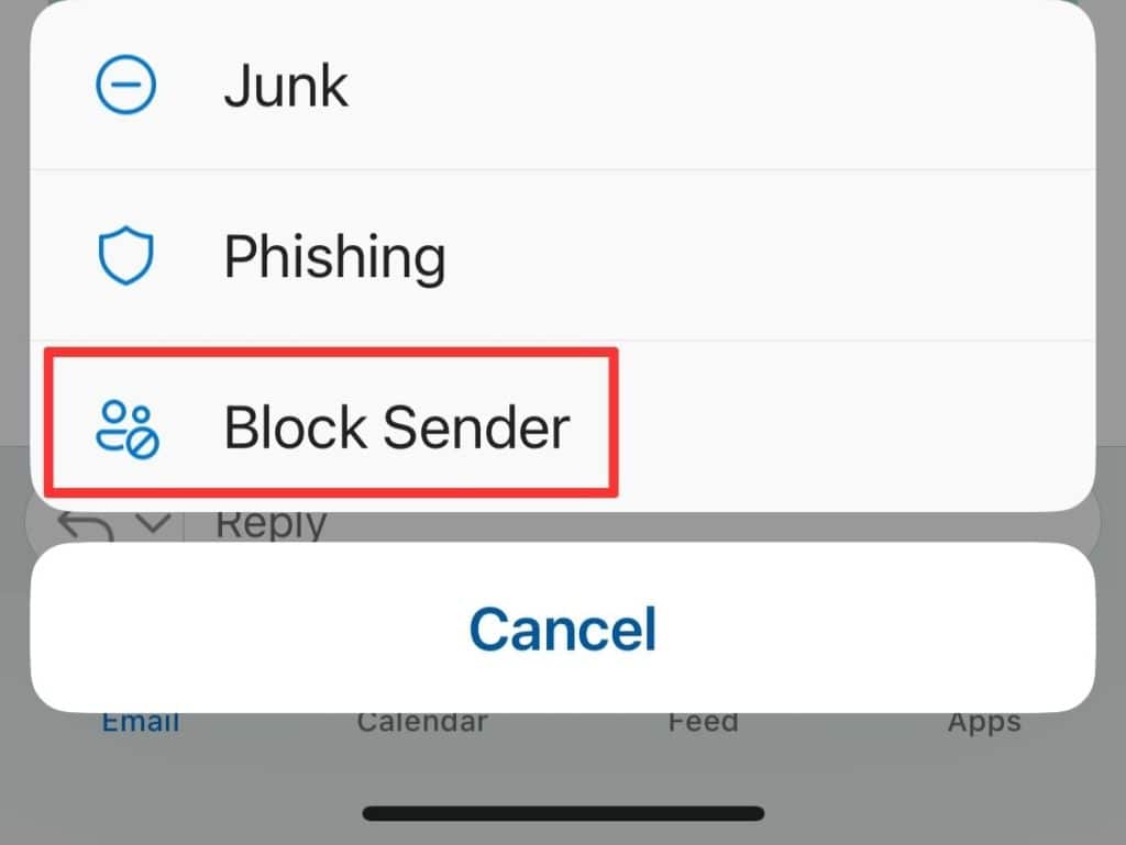 block sender outlook mobile application